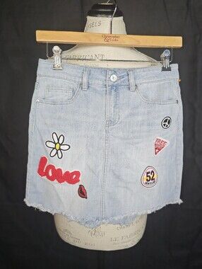 Rock & Republic Light Blue Denim Patchwork Mini Skirt with Appliqués